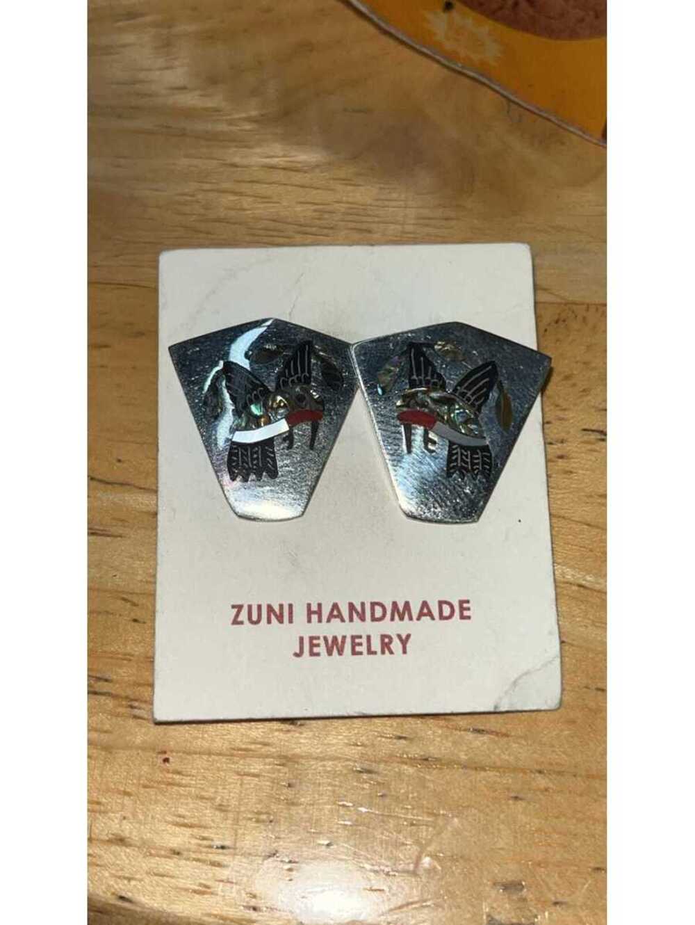 Zuni sterling silver inlay traditional turquoise hummingbird inlay earrings
